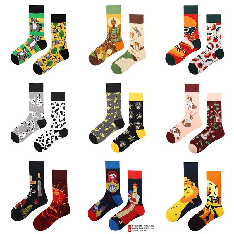 Wholesale Unique Funny Graphic art Socks Women Men Cotton Creative Crazy AB Mismatching Socks
