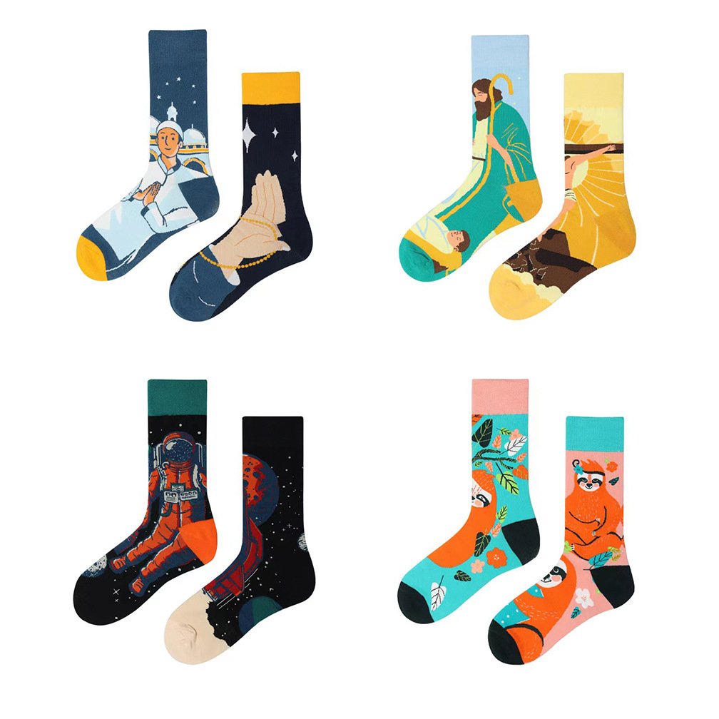 Wholesale Unique Funny Graphic art Socks Women Men Cotton Creative Crazy AB Mismatching Socks