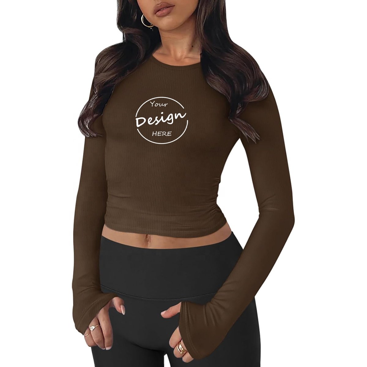 Custom Long Sleeve Cropped T Shirt Solid Color Cotton Spandex Tee Shirt Printing Plain Color Crop Women Ribbed Long Sleeve Shirt