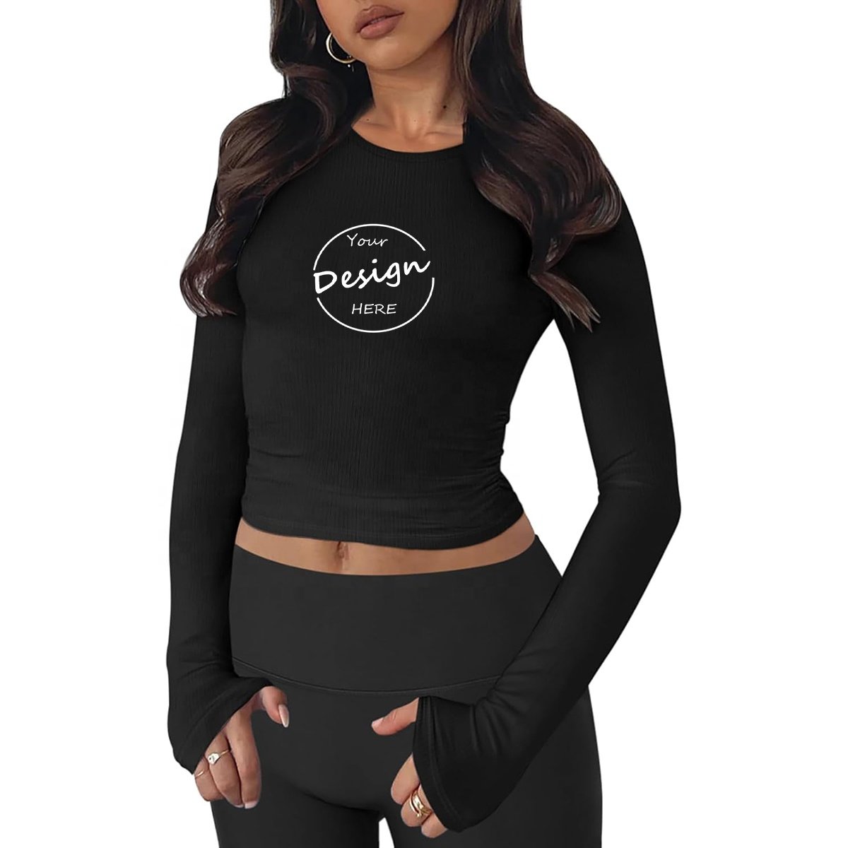 Custom Long Sleeve Cropped T Shirt Solid Color Cotton Spandex Tee Shirt Printing Plain Color Crop Women Ribbed Long Sleeve Shirt
