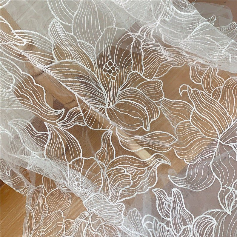 High Quality Soft Floral Tulle Lace Fabric for Wedding Gowns Embroidered White Women Dress 5 Yards