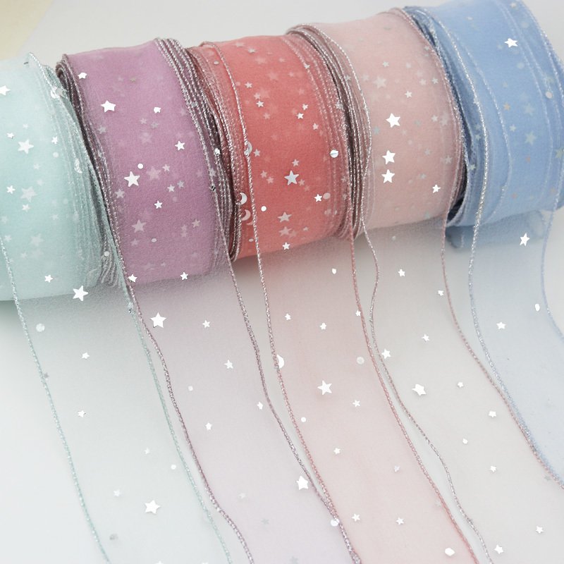 (5 Yards/roll) 50mm Star Silk Organza Ribbon Bow Decoration Lace Candy Colorful Ribbon Hair Accessories Wholesale Packaging