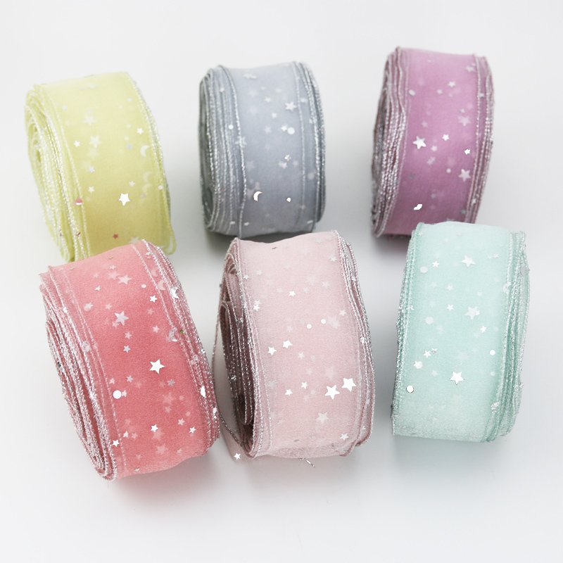 (5 Yards/roll) 50mm Star Silk Organza Ribbon Bow Decoration Lace Candy Colorful Ribbon Hair Accessories Wholesale Packaging