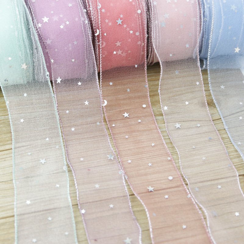 (5 Yards/roll) 50mm Star Silk Organza Ribbon Bow Decoration Lace Candy Colorful Ribbon Hair Accessories Wholesale Packaging
