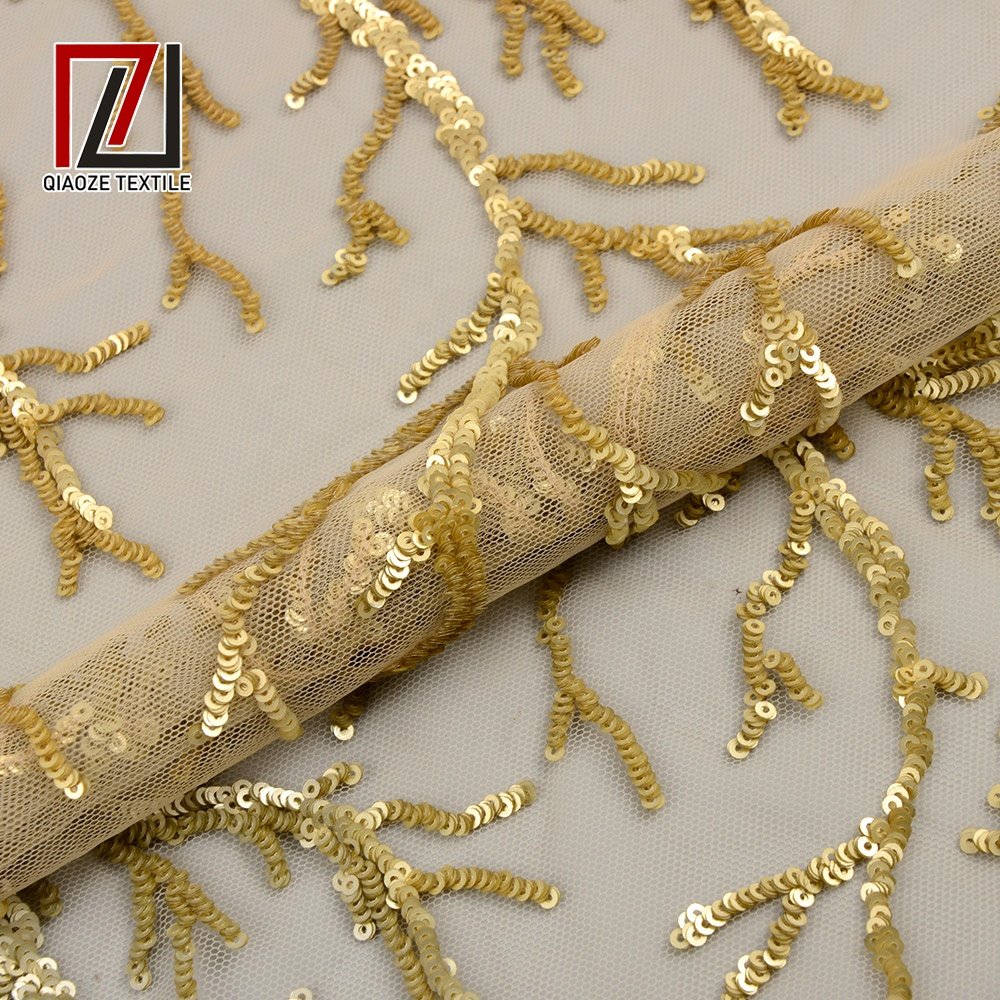 wholesale cheap gold sequin embroidery tulle fabric