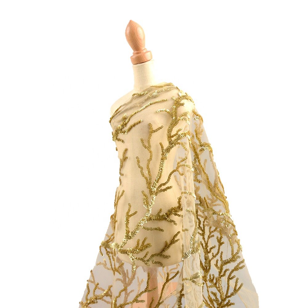 wholesale cheap gold sequin embroidery tulle fabric