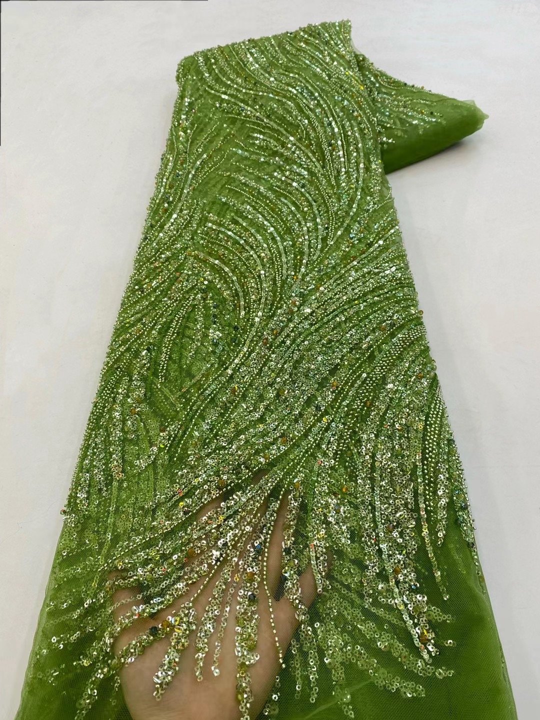 NI.AI Sequin Beaded Lace Wedding Stripe Green Lace Fabric Luxury Sequins Embroidered Lace Fabric With Stones