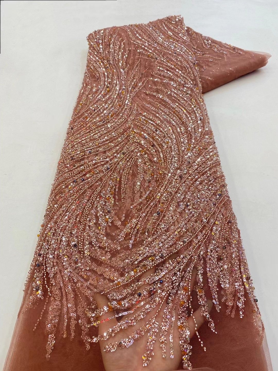 NI.AI Sequin Beaded Lace Wedding Stripe Green Lace Fabric Luxury Sequins Embroidered Lace Fabric With Stones