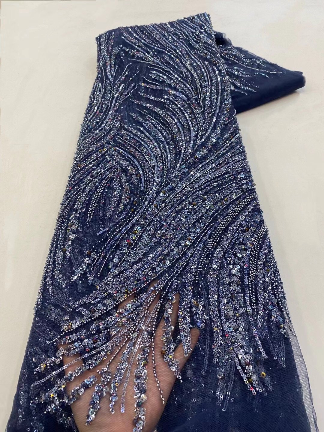 NI.AI Sequin Beaded Lace Wedding Stripe Green Lace Fabric Luxury Sequins Embroidered Lace Fabric With Stones