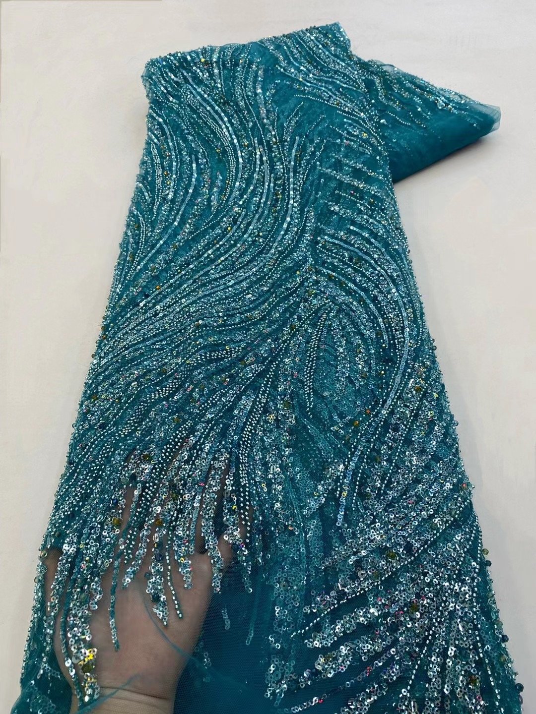 NI.AI Sequin Beaded Lace Wedding Stripe Green Lace Fabric Luxury Sequins Embroidered Lace Fabric With Stones