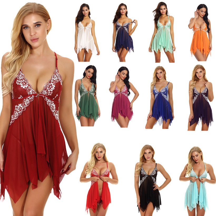 V-neck lace suspender pajamas large pajamas Erotic front buckle Babydoll S-4XL Lace transparent Plus Size Lingerie