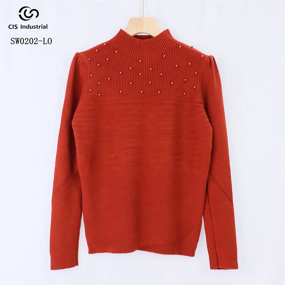 OEM ODM custom design basic knitwear sweater pullover knitted rib bead Half turtleneck sweater for women
