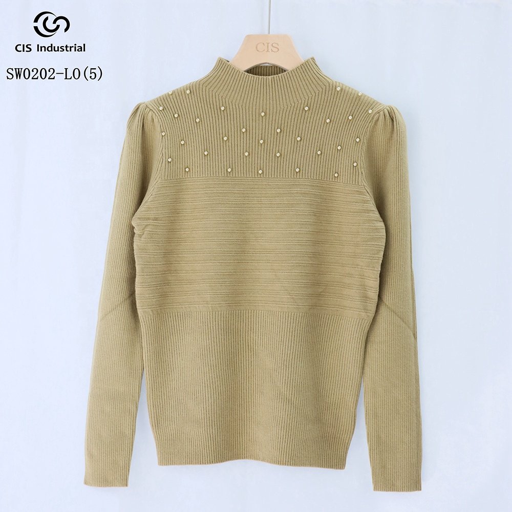OEM ODM custom design basic knitwear sweater pullover knitted rib bead Half turtleneck sweater for women