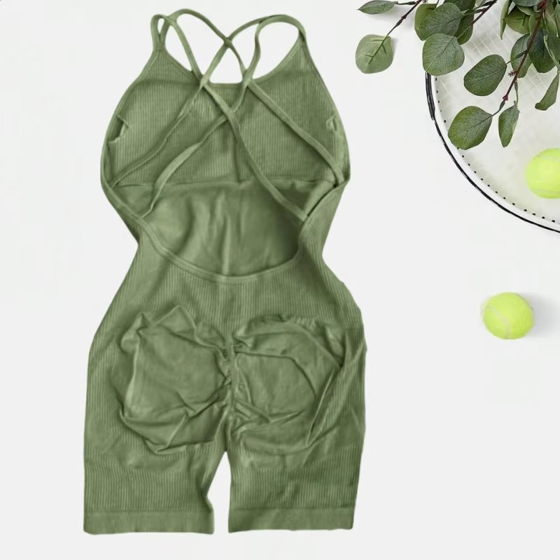 Nylon Workout One Piece Sports Sets Women Seamless Rib Yoga Jumpsuits Gym Fitness Cross Back Scrunch Butt Knit Bodysuit
