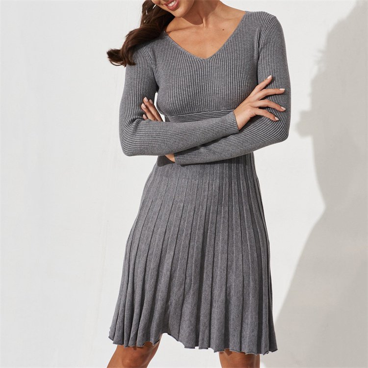 2024 New Winter Factory Custom Wholesale Dropshipping OEM ODM Short Knit Ribbed Sweater Dress Women Bodycon Knit Pleated Dresses
