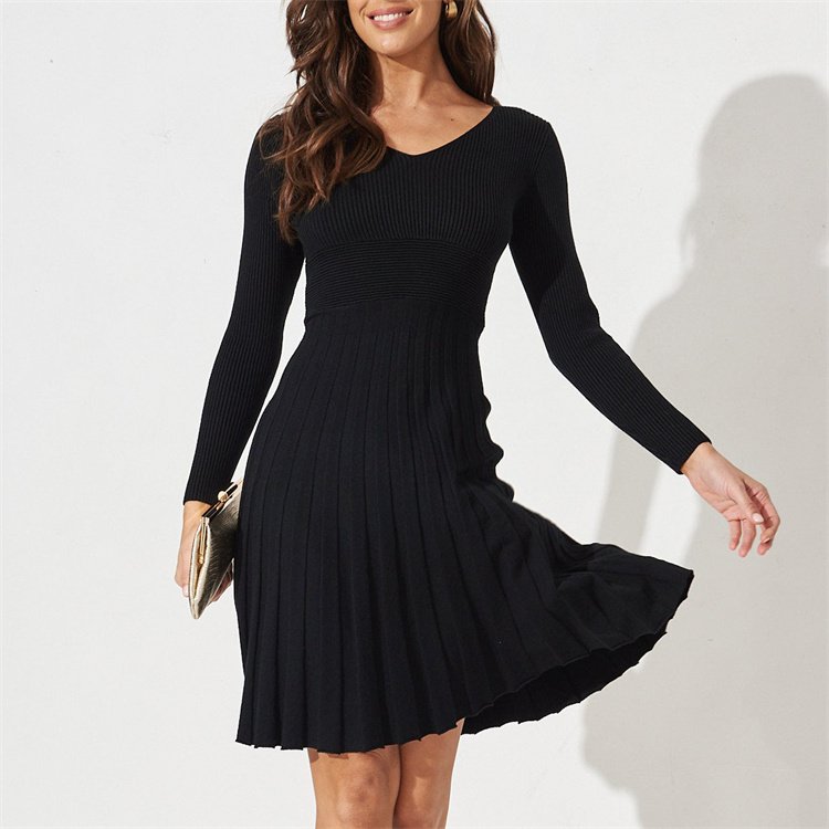 2024 New Winter Factory Custom Wholesale Dropshipping OEM ODM Short Knit Ribbed Sweater Dress Women Bodycon Knit Pleated Dresses