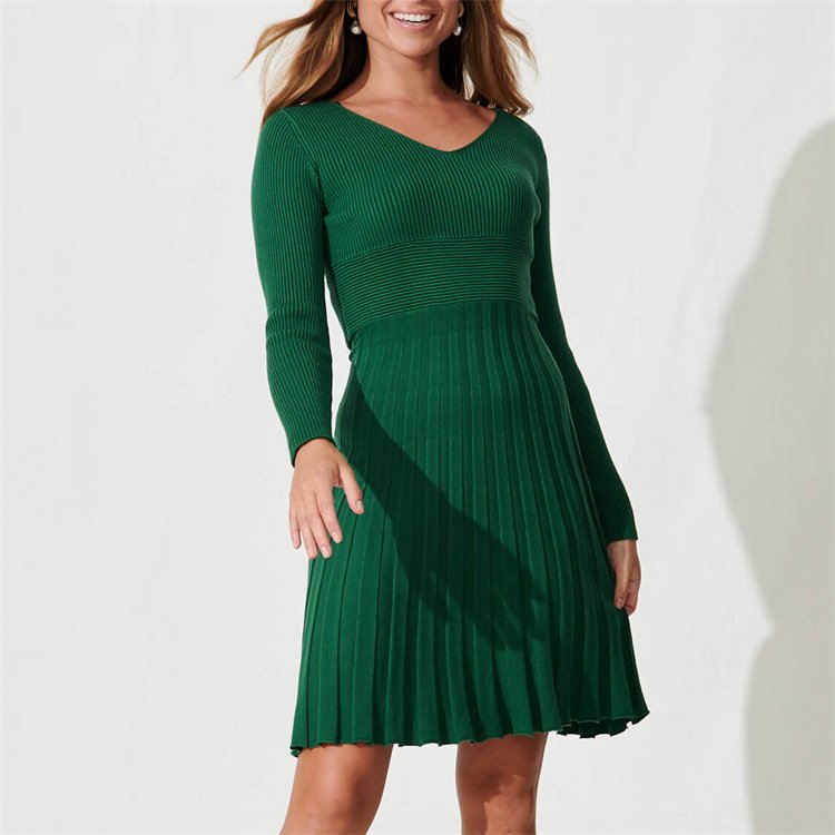 2024 New Winter Factory Custom Wholesale Dropshipping OEM ODM Short Knit Ribbed Sweater Dress Women Bodycon Knit Pleated Dresses