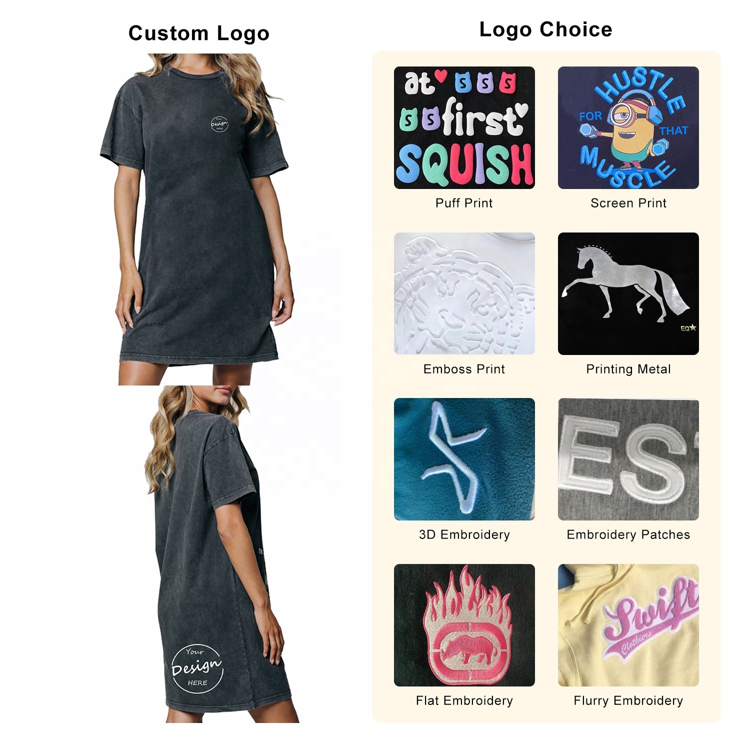 Custom Stone Washed T Shirts Wholesale Screen Print Ladies Blank T Shirt Dress Loose Plain Women's Summer T-shirt Dress Cotton