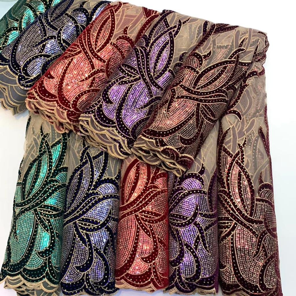 Velvet Lace Fabric Sequins Net Embroidery Tulle Africa Velvet Plaid Brocade Fabric Jacquard Woven Polyester Jacquard Weft 2kg