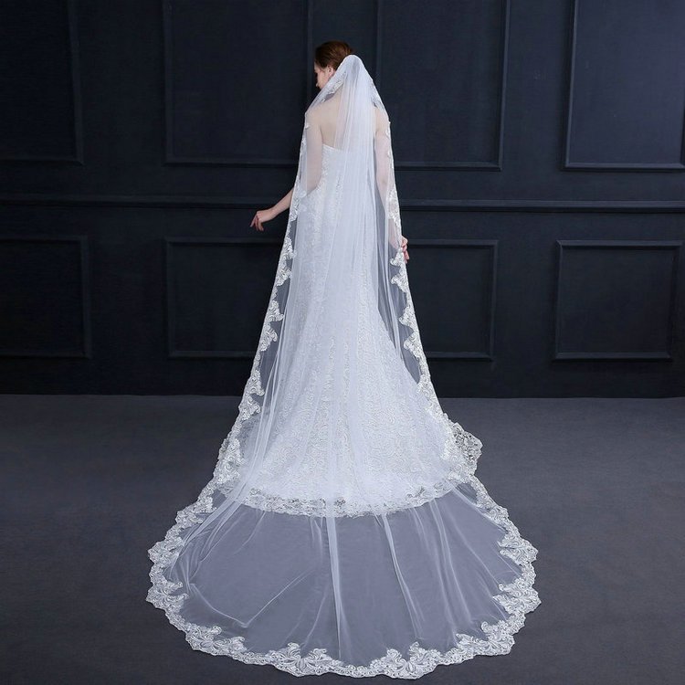 Qushine Wholesale Bridal Long Embroidered Lace Trailing 3m Wedding Veil For Women