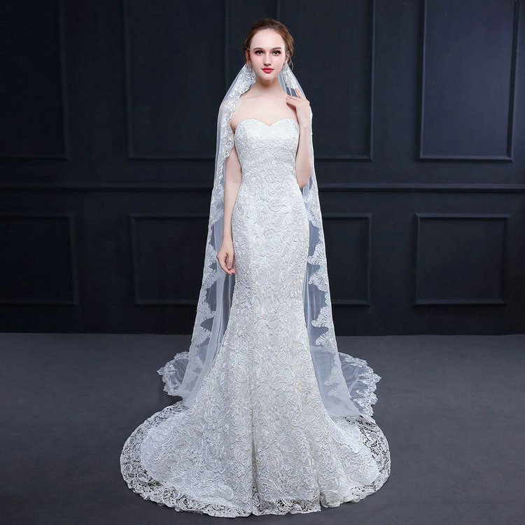 Qushine Wholesale Bridal Long Embroidered Lace Trailing 3m Wedding Veil For Women