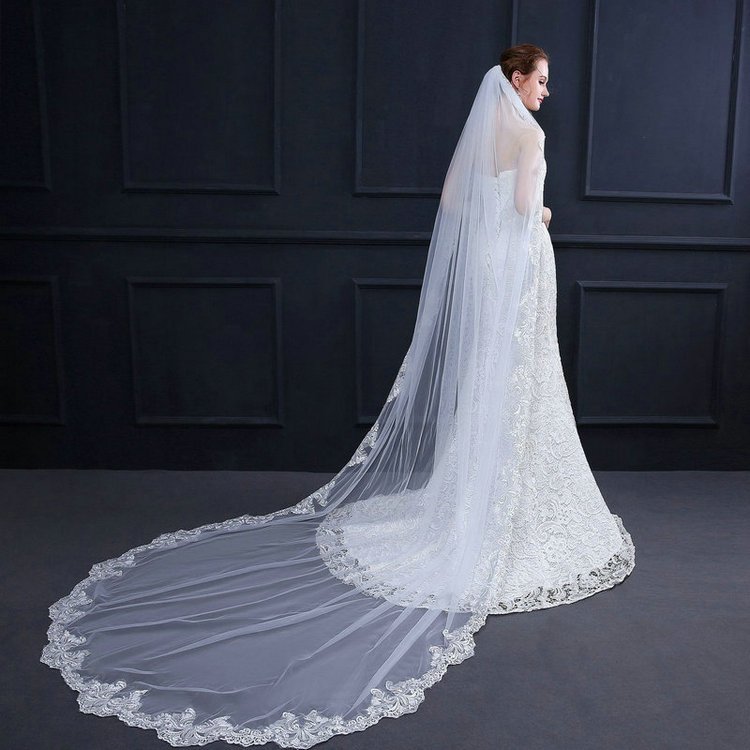 Qushine Wholesale Bridal Long Embroidered Lace Trailing 3m Wedding Veil For Women