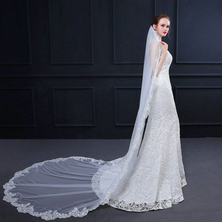 Qushine Wholesale Bridal Long Embroidered Lace Trailing 3m Wedding Veil For Women