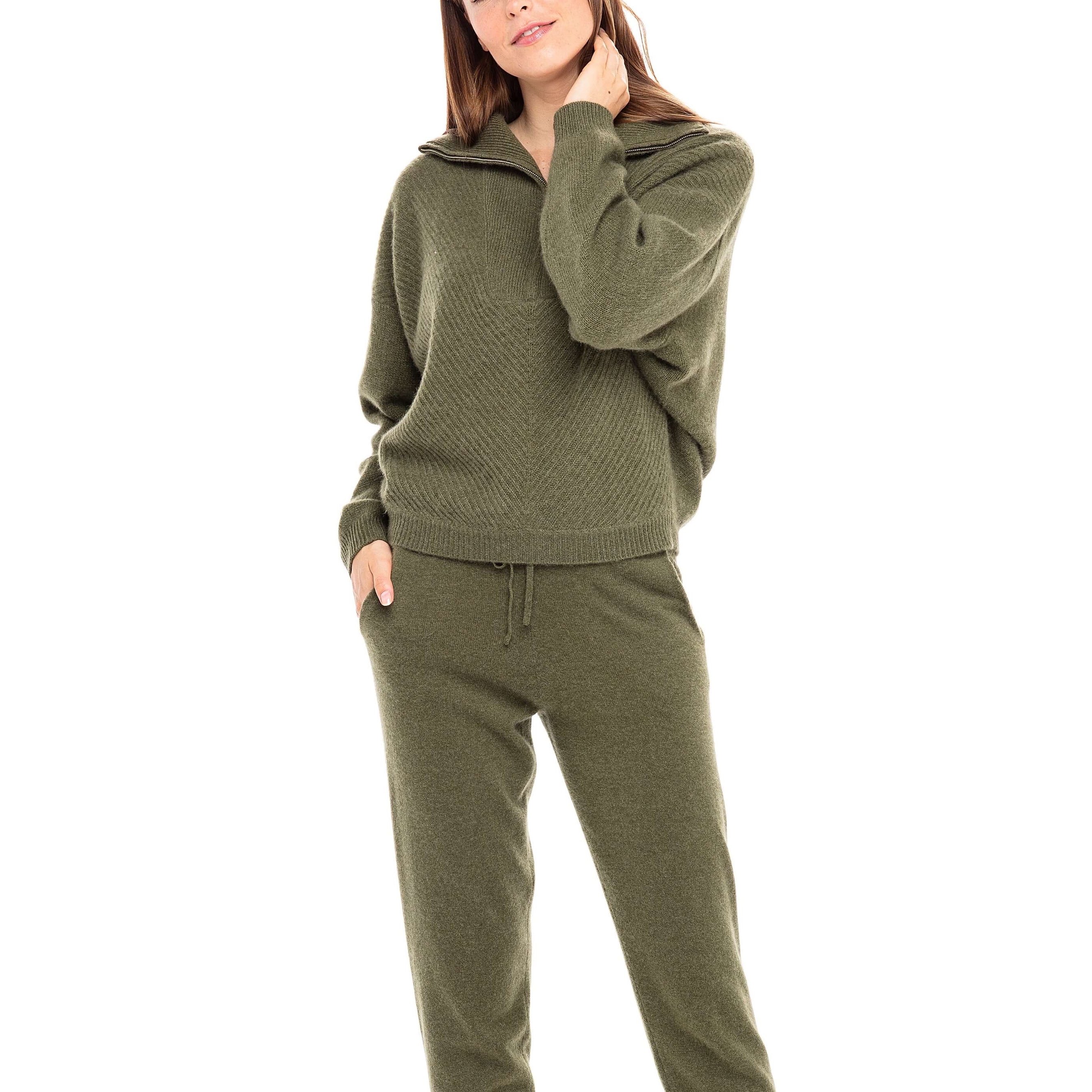 Half Zipper Neck Army Green Casual Rib Knitting Women Cashmere Sweater Cashmere Pullover for Winter