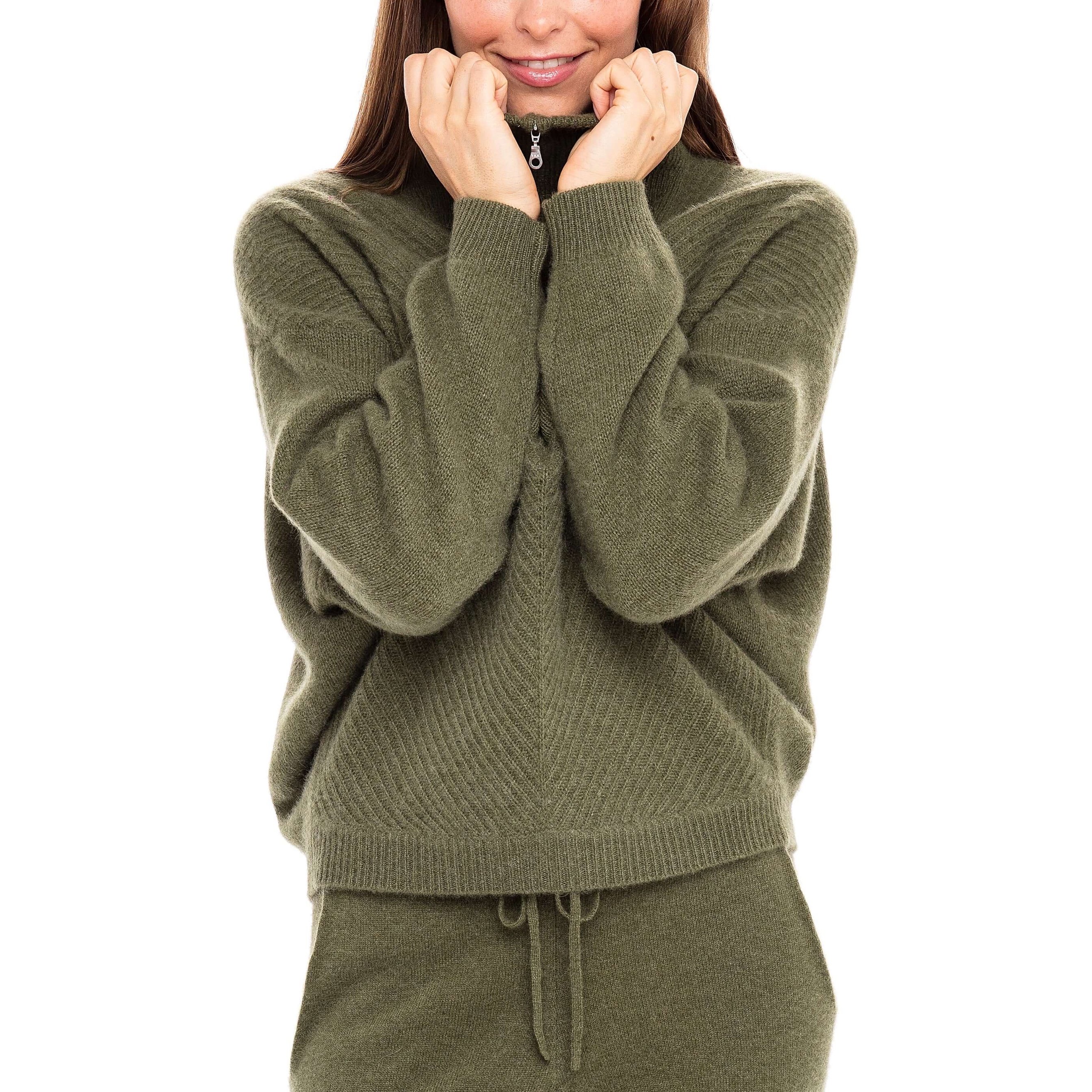 Half Zipper Neck Army Green Casual Rib Knitting Women Cashmere Sweater Cashmere Pullover for Winter