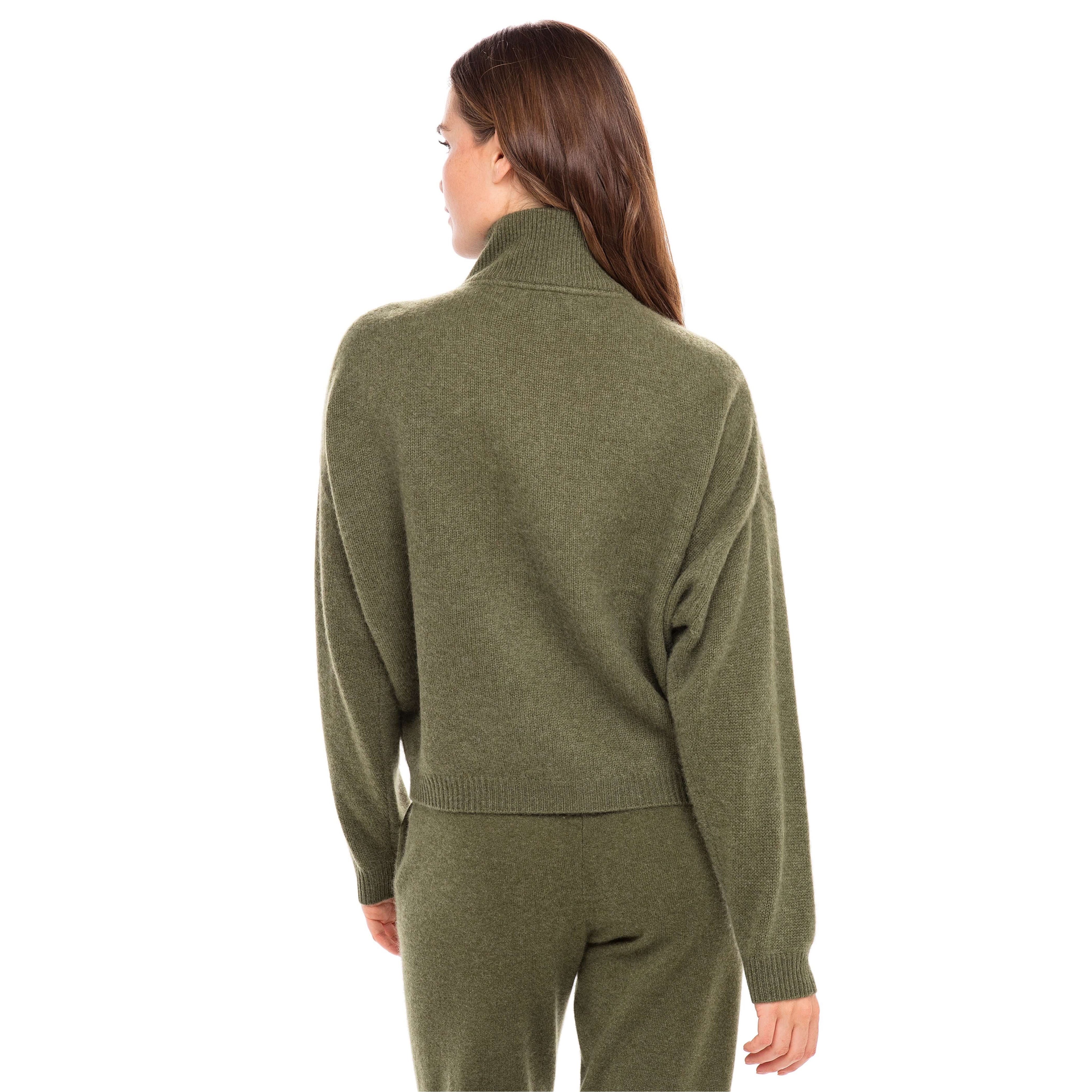 Half Zipper Neck Army Green Casual Rib Knitting Women Cashmere Sweater Cashmere Pullover for Winter