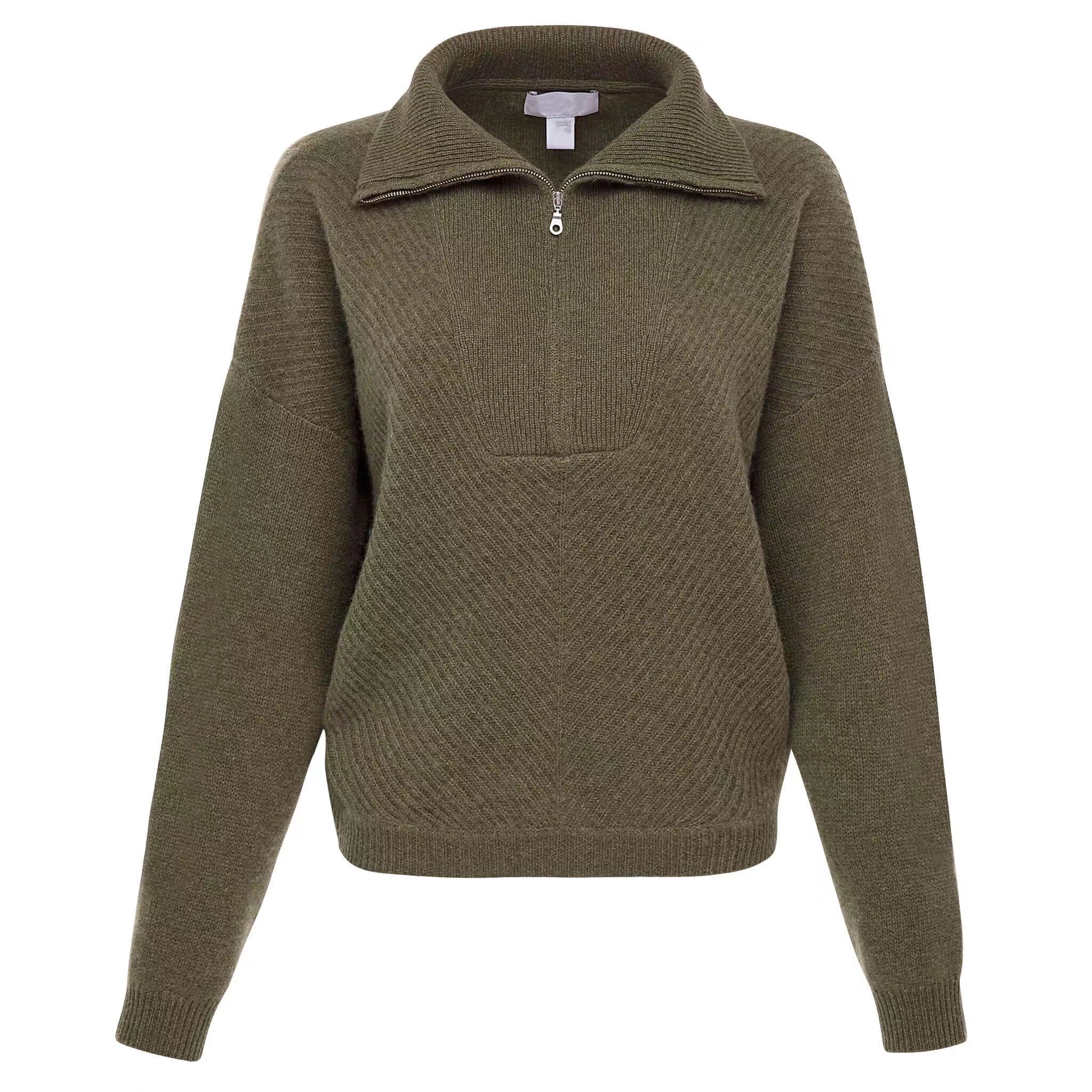 Half Zipper Neck Army Green Casual Rib Knitting Women Cashmere Sweater Cashmere Pullover for Winter