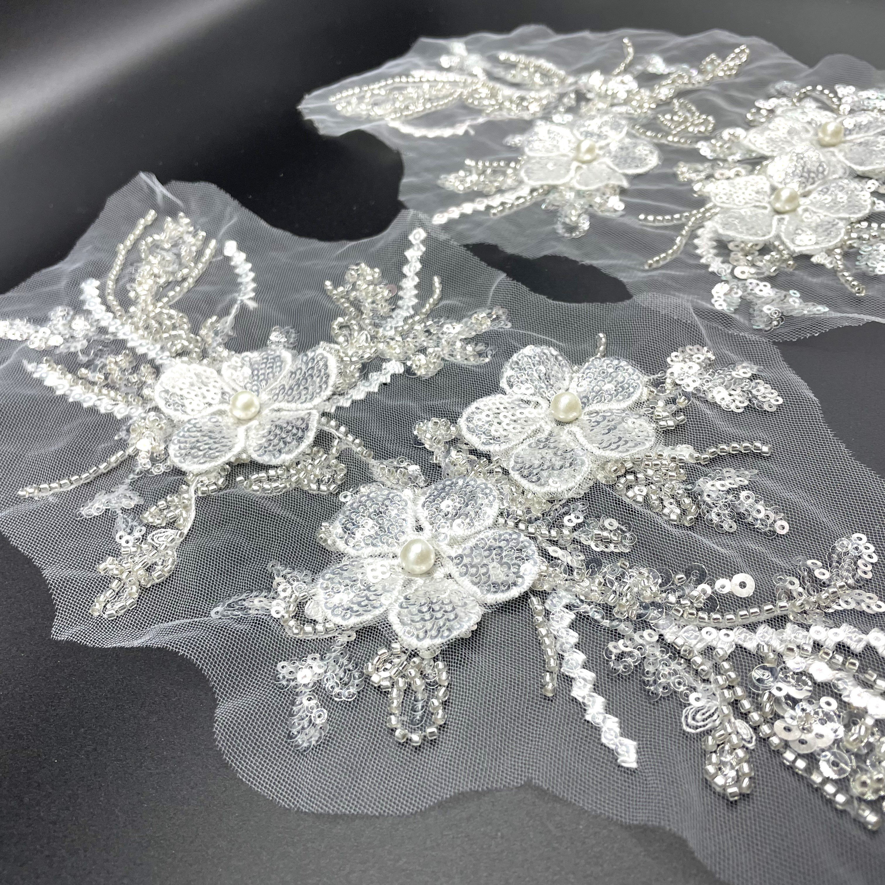 Factory direct 3D flower beaded trim lace embroidered ribbon