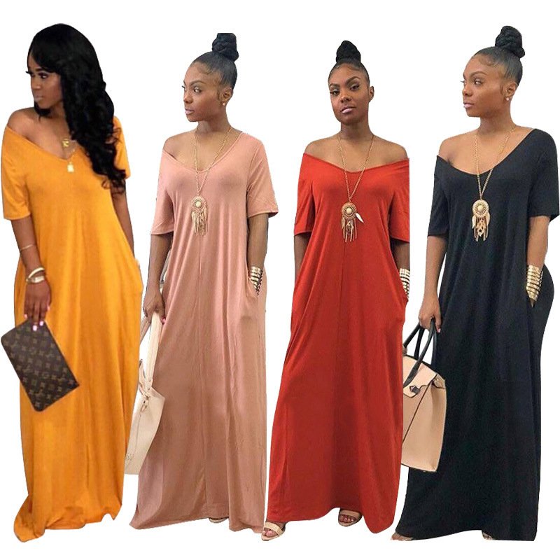 D8199 2022 Ladies sundresses Solid color off shoulder Rib Knit Women's clothing women Maxi dress