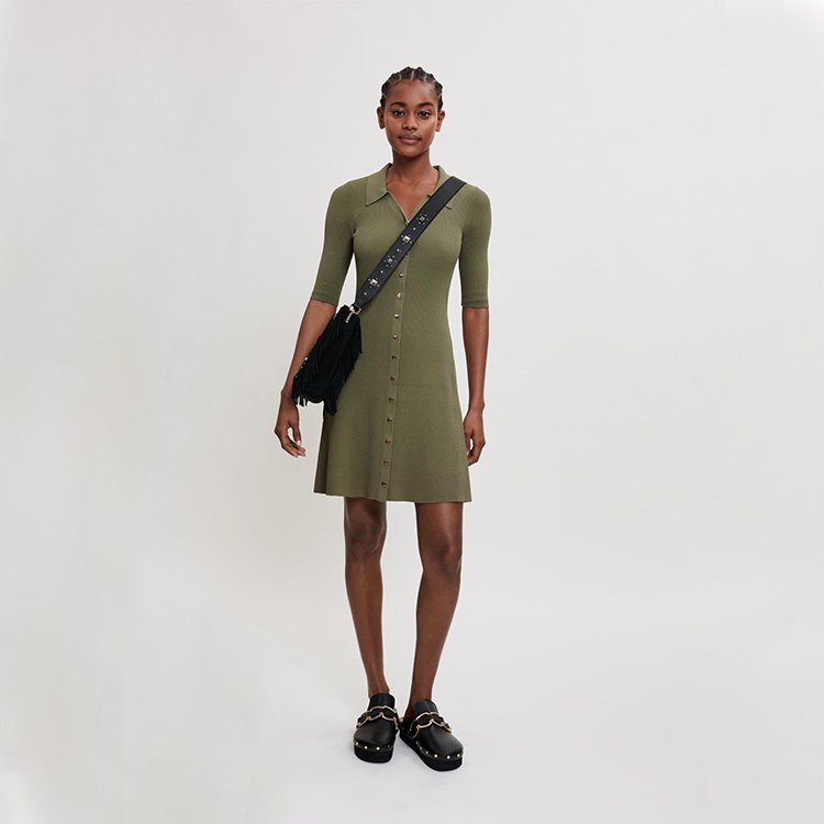 custom summer black short sleeve polo collar ribbed knit women's dress