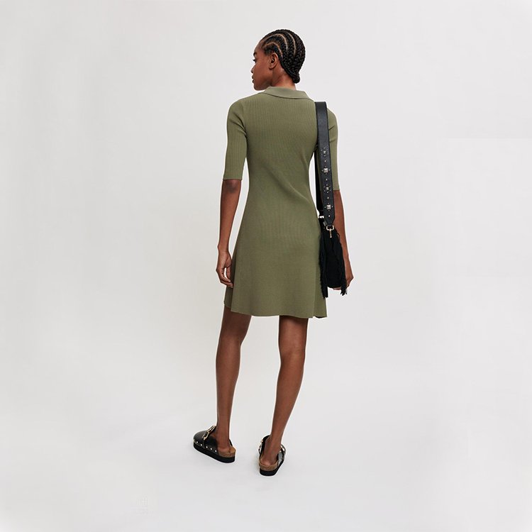 custom summer black short sleeve polo collar ribbed knit women's dress