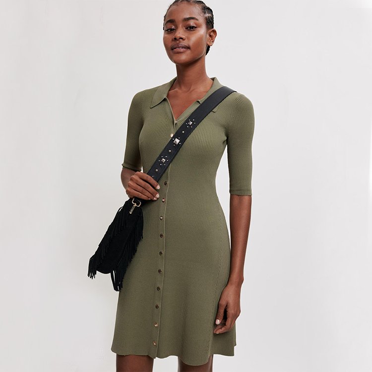 custom summer black short sleeve polo collar ribbed knit women's dress