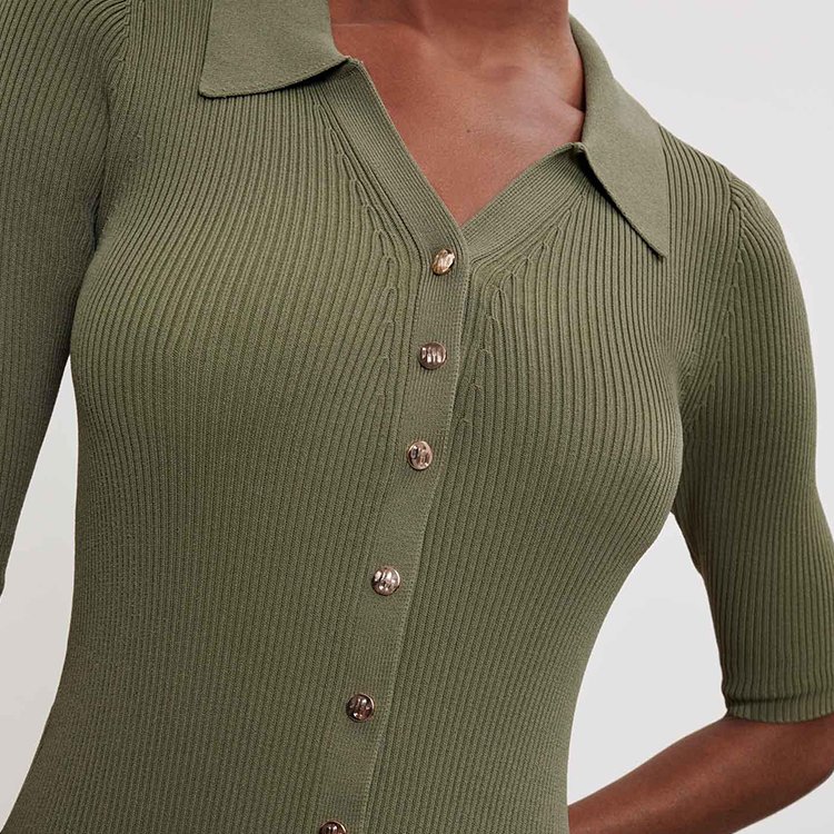 custom summer black short sleeve polo collar ribbed knit women's dress