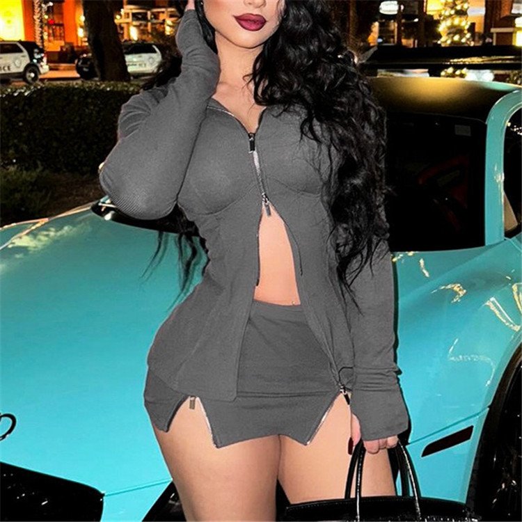 Ribbed Zip-Up Women 2 Piece Set Party Club Outfits 2024 Long Sleeve Hoodie And Split Mini Skirt Matching Set