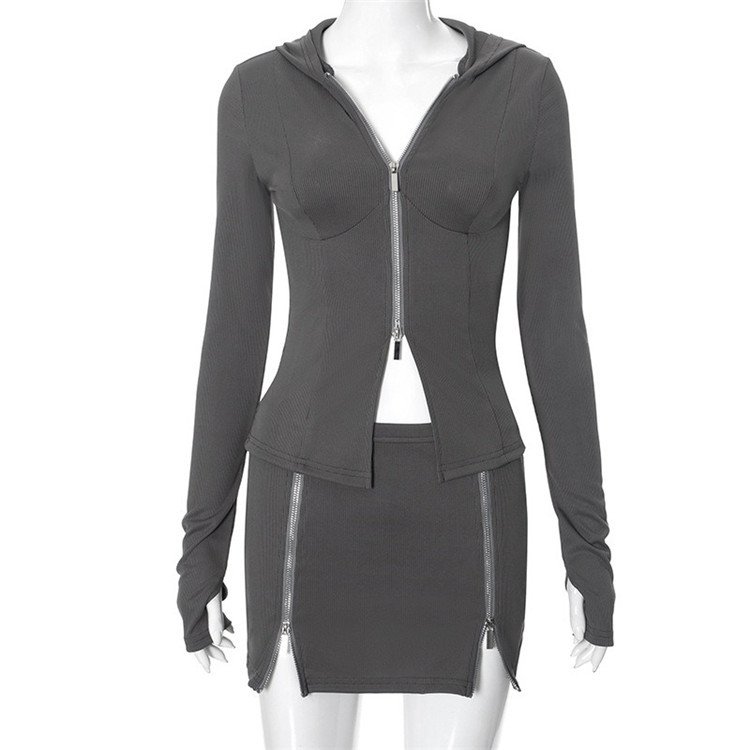 Ribbed Zip-Up Women 2 Piece Set Party Club Outfits 2024 Long Sleeve Hoodie And Split Mini Skirt Matching Set