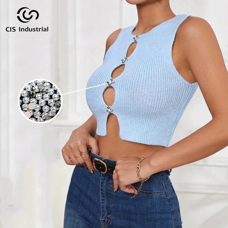 y2k sexy pearls drilled hollow out crop top knitted sleeveless sweater for women casual vest cropped ribbed tank top