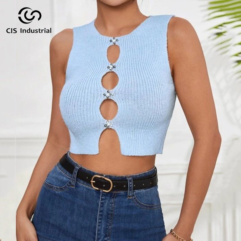 y2k sexy pearls drilled hollow out crop top knitted sleeveless sweater for women casual vest cropped ribbed tank top