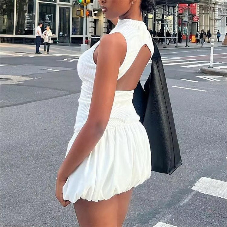 Sexy Hollow Out Backless Ribbed Knit Mini Pleated Dress Outfits Women Summer Sleeveless Y2K Streetwear Bodycon Dresses