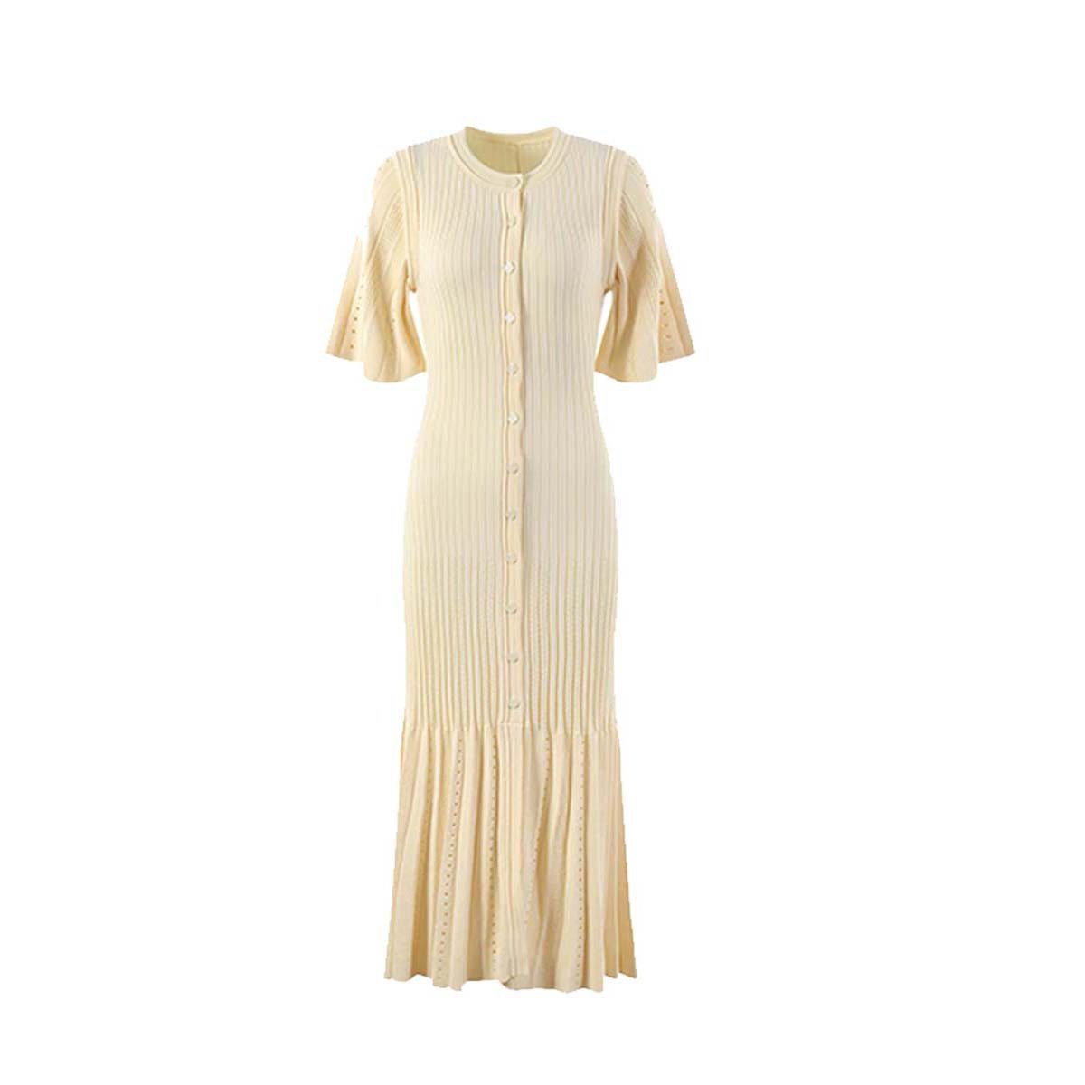 Wholesale Custom Fashion New Design Round neck Short contrast sleeves dress Ribbed knit dress with Button closure
