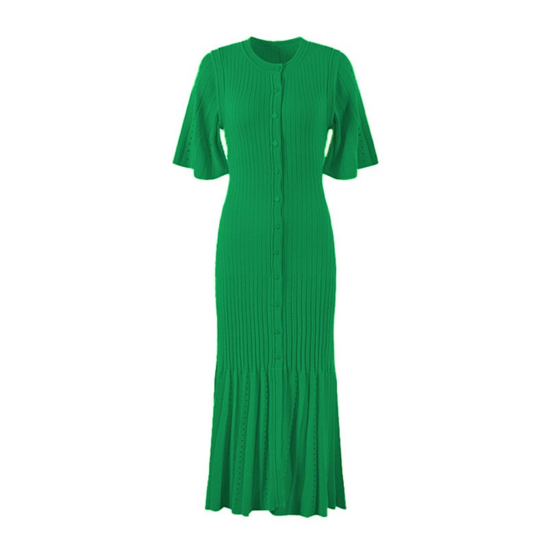 Wholesale Custom Fashion New Design Round neck Short contrast sleeves dress Ribbed knit dress with Button closure