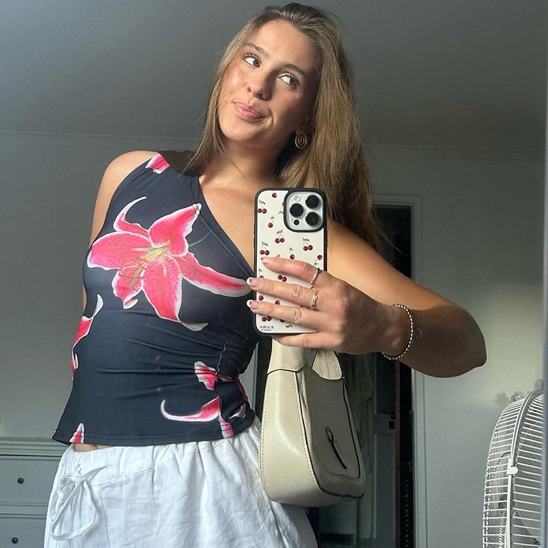 new 2024 summer print slant shoulder sleeveless t-shirt bodycon sexy casual streetwear fashion top for women