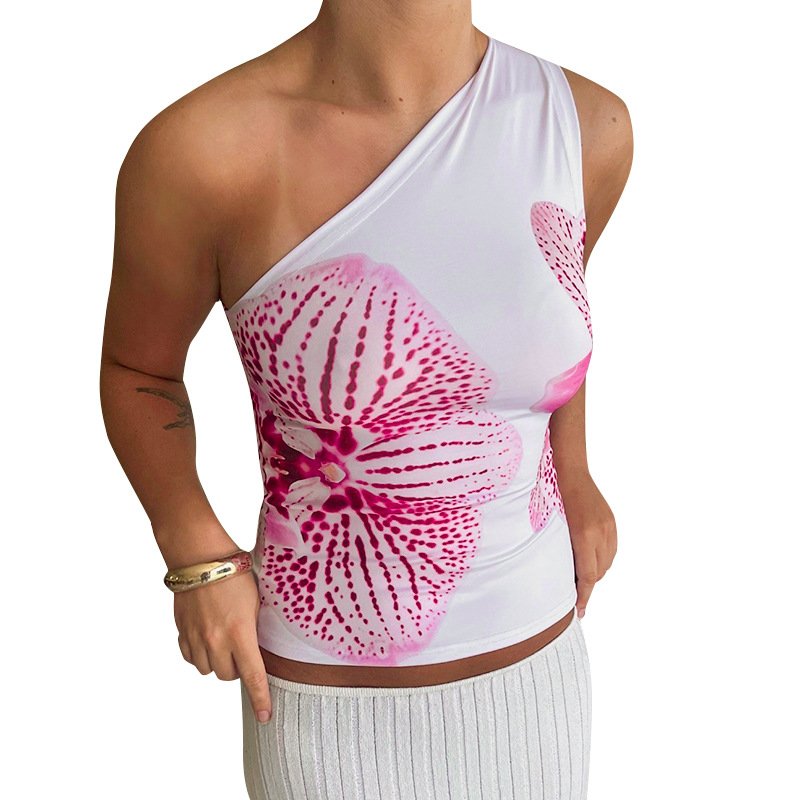 new 2024 summer print slant shoulder sleeveless t-shirt bodycon sexy casual streetwear fashion top for women