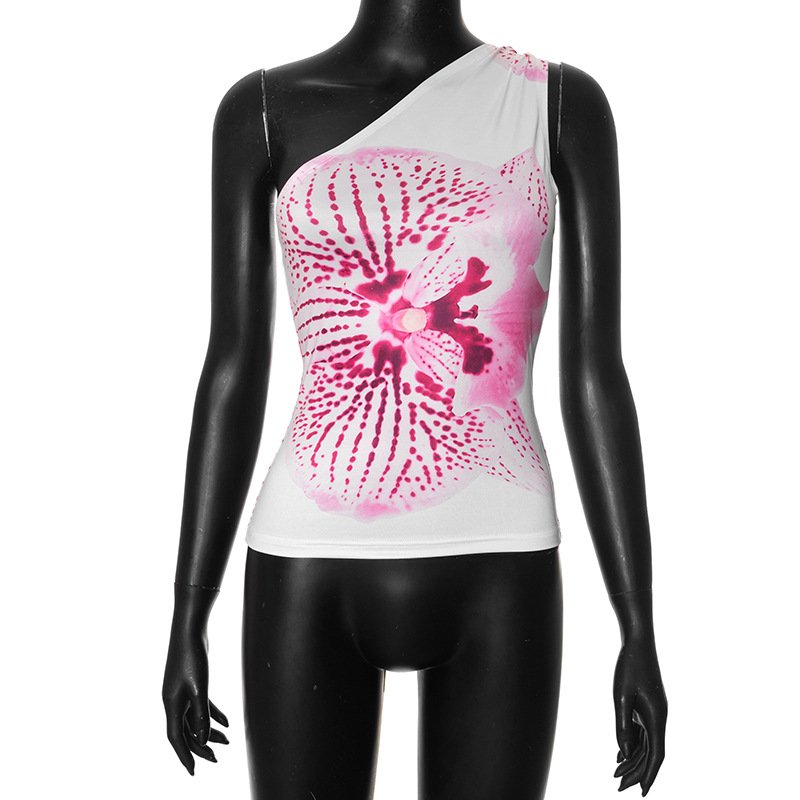 new 2024 summer print slant shoulder sleeveless t-shirt bodycon sexy casual streetwear fashion top for women