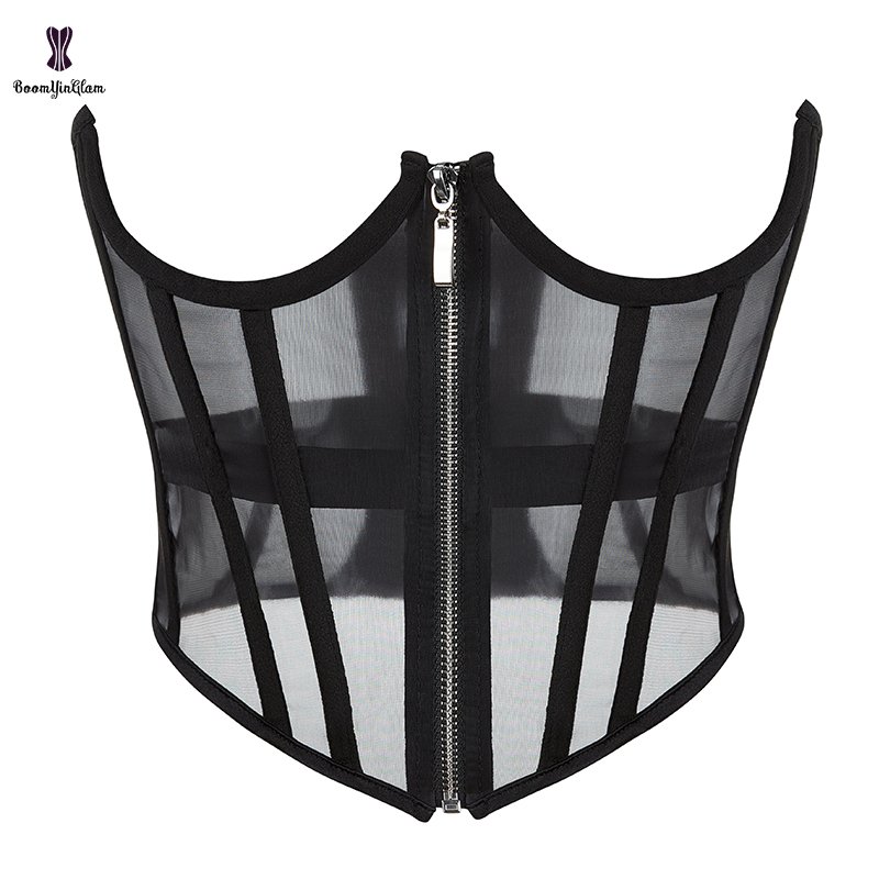 2023 New Arrival Front Zipper Lace Up Boned Cupless Bustier See Through Mesh Corset Crop Top For Summer Women Clothing