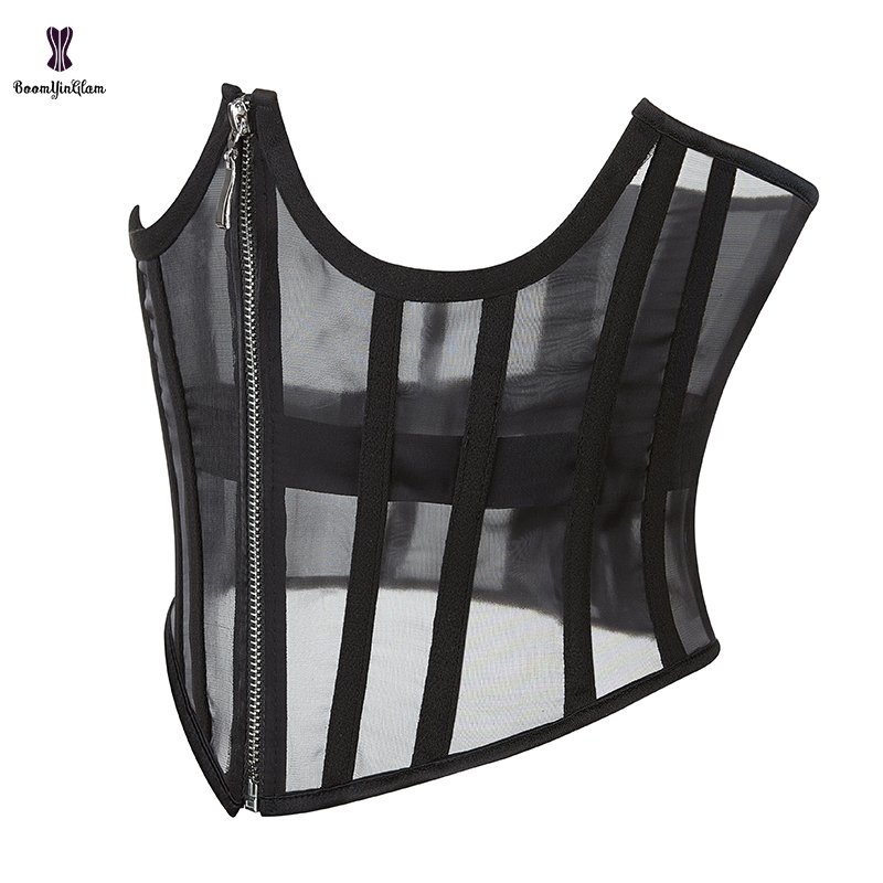 2023 New Arrival Front Zipper Lace Up Boned Cupless Bustier See Through Mesh Corset Crop Top For Summer Women Clothing