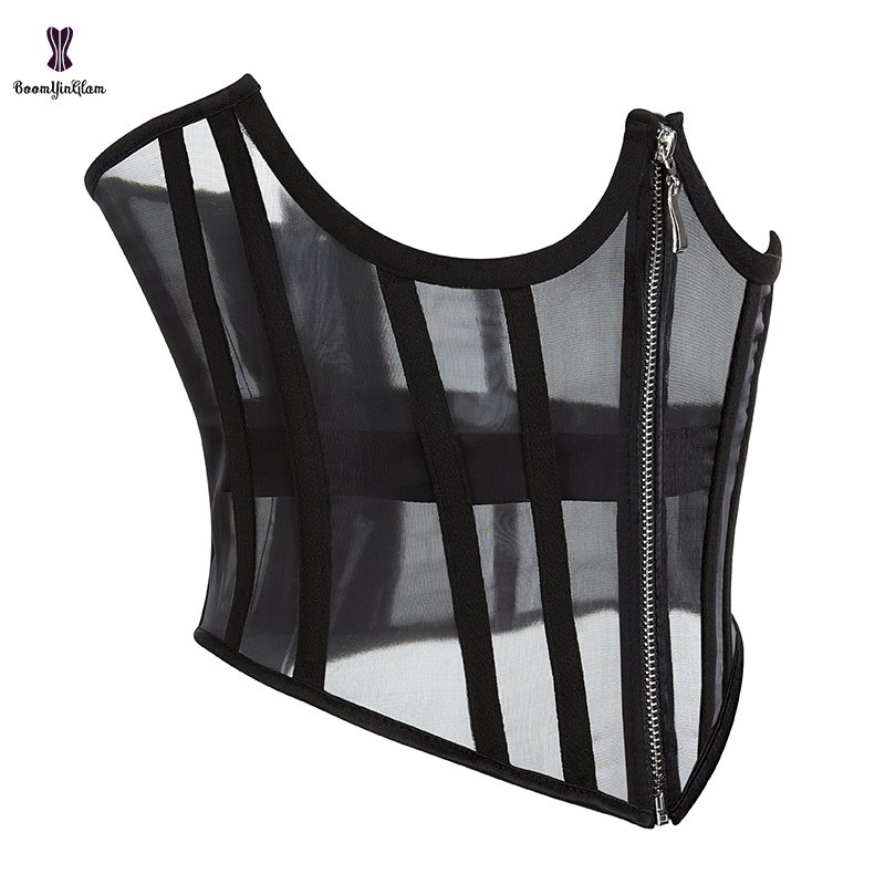2023 New Arrival Front Zipper Lace Up Boned Cupless Bustier See Through Mesh Corset Crop Top For Summer Women Clothing